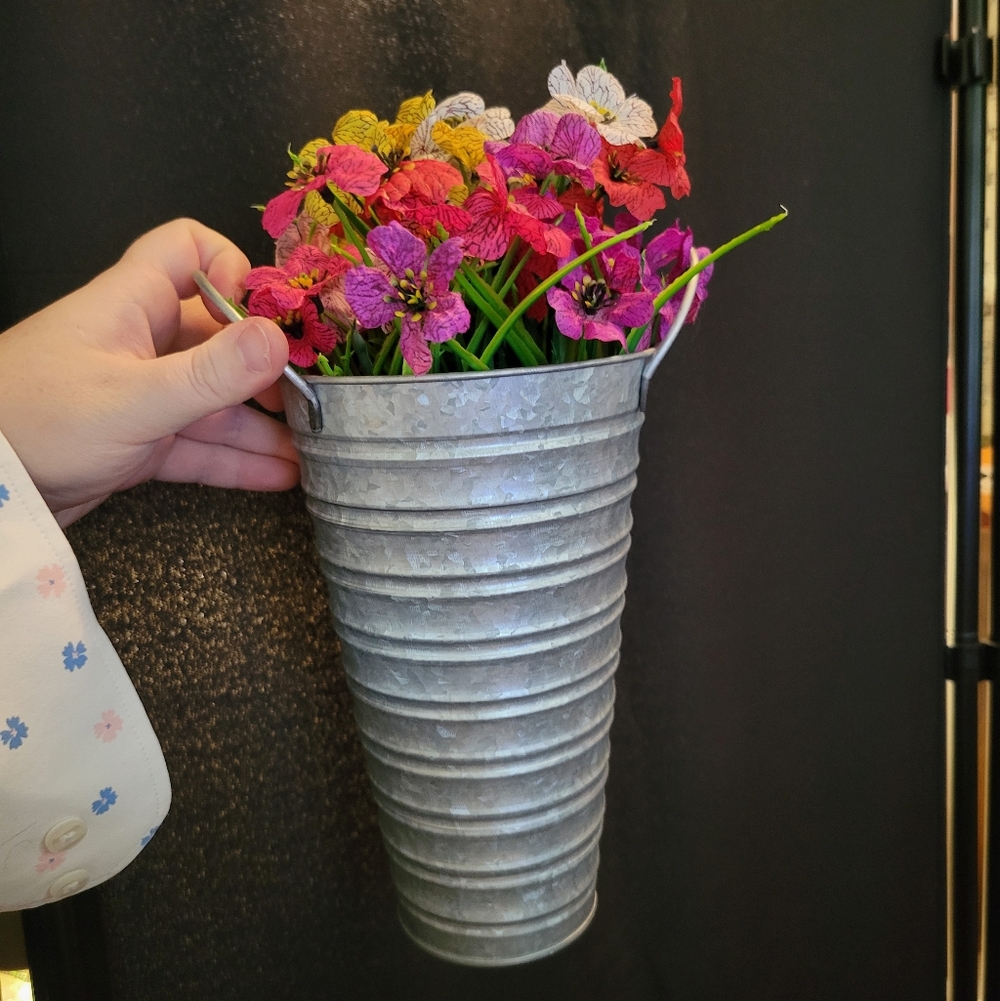 Galvanized Metal Wall Vase with Colorful Faux Flowers • Farmhouse Wall Decor